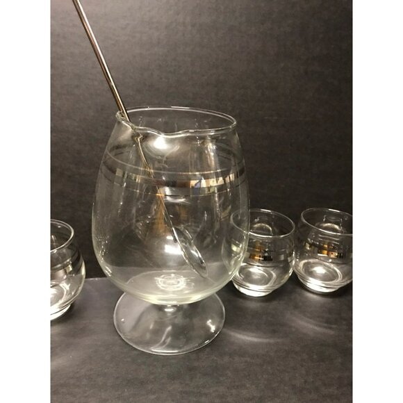 Vtg Set of Cocktail Mixer & Matching Glasses MCM Bar Ware Set Metal Spoon - Picture 3 of 6
